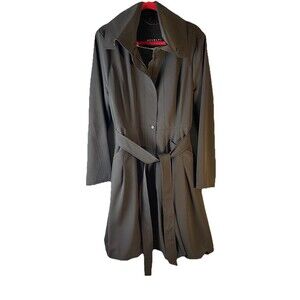Novelti Women’s Black Trench Coat Belted Unique Ruched Hem Long Sleeve Sz XL